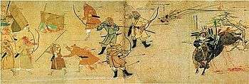 Ancient drawing depicting a samurai battling Mongol forces
