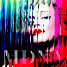 Close-up of Madonna in front of a colorful background. The image is distorted through the use of a glass-pane like filter, giving it a wavy appearance.