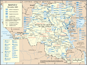 A map of the Democratic Republic of the Congo marked with military map symbols showing type, nationality and location of MONUC units.