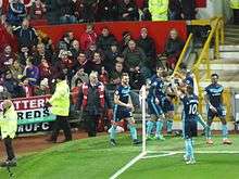 Middlesbrough celebrate taking the lead at Old Trafford; Manchester United would win the match in December 2016 2–1