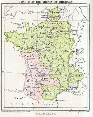 Map showing 14th-century France in green, with the southwest and parts of the north in pink