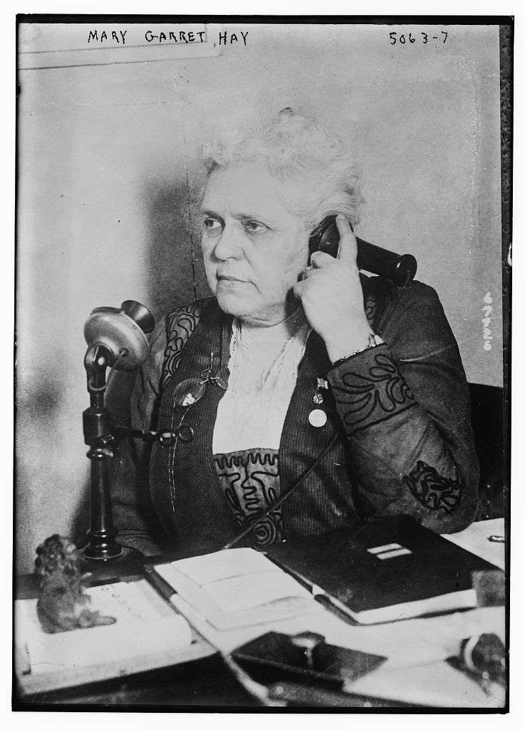 Mary Garrett Hay on the telephone in 1918