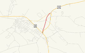 A map of Pocomoke City showing major roads.  Maryland Route 359 is an old alignment of US 113.