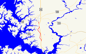 A map of southern Talbot County, Maryland showing major roads.  MD 565 consists of multiple sections along US 50 between Trappe and Easton.