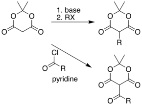 Reaction of the acidic methylene of Meldrum's acid with various electrophiles gives alkyl and acyl products