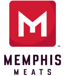 A white M on a red square with "Memphis Meats" below