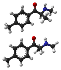 The two enantiomers of mephedrone: The potentially more potent S form is above the R form.