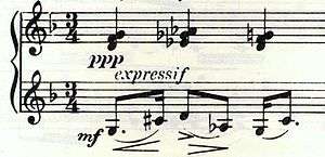 A fragment of printed piano music in 3/4 time, the upper stave is marked "ppp" and "expressif", the lower is marked "mf".