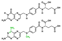 The chemical structures of folic acid and methotrexate highlighting the differences between these two substances (amidation of pyrimidone and methylation of secondary amine)