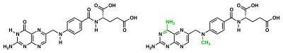 Two dimensional representations of the chemical structure of folic acid and methotrexate highlighting the differences between these two substances (amidation of pyrimidone and methylation of secondary amine).