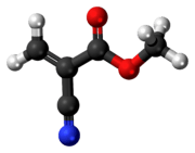 Ball-and-stick model of the methyl cyanoacrylate molecule