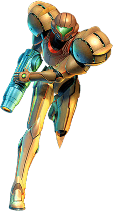 A person in a big, futuristic-looking powered suit with a helmet. The right arm is a large firearm. The shoulders are particularly large, bulky, and rounded.