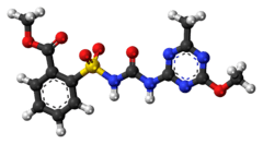 Ball-and-stick model of the metsulfuron-methyl molecule