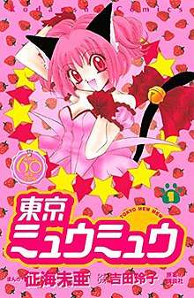 The profile of a smiling young girl with pink hair, black cat ears and a black cat tail wearing a pink outfit with red gloves on a pink strawberry patterned background.