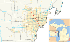 M-1 and Woodward Avenue runs north-northwesterly away from the Detroit River between Detroit and Pontiac in southeastern Michigan