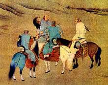 Khitan hunters on horseback with one rider holding an eagle