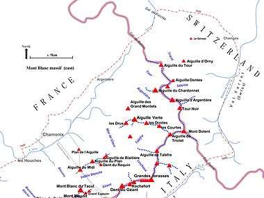 Map of the eastern half of the Mont Blanc massif, showing main summits, ridges and valleys