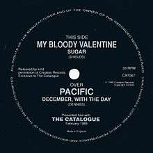 A black label of a square 7-inch single. Main grey text reads "This Side My Bloody Valentine Sugar".