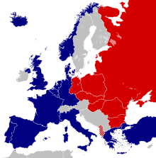 A map of Europe showing several countries on the left in blue, while ones on the right are in red. Other unaffiliated countries are in white.