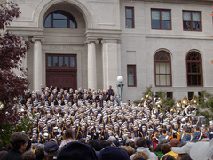 The Band of the Fighting Irish plays on the steps of Bond Hall before every home game.