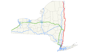 NY 22 follows a north–south alignment along the eastern border of the state of New York. It loosely parallels Interstate 87 from New York City north to Mooers, a hamlet near the Canadian border.