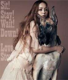 Namie Amuro kneeling down, hugging a Great Dane.