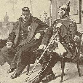 a tired sick old man in French military uniform, sitting beside an erect senior officer in Prussian uniform, spiked helmet, and sword