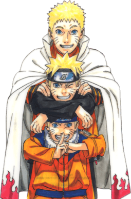 Naruto Uzumaki: Part I, Part II and adult wearing his regular orange jumpsuit.