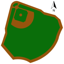 An illustration showing the shape of the field with grassy areas shown in green and dirt in brown