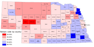 Map of Nebraska.  Most southeastern counties blue, for Nelson; most western counties red, for Orr; northeastern and central counties mixed