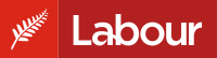 Dark red box containing the word "Labour" in a sans-serif font to the right of a red box containing a silver fern frond