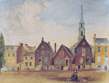 A watercolor painting of brown and yellow row houses in front of a dirt road, two of which have classic Dutch stepped gables; a white church spire is seen in the background.