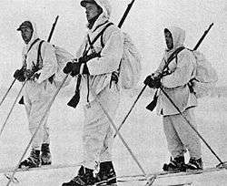 Three men soldiers with snowsuits and skies.