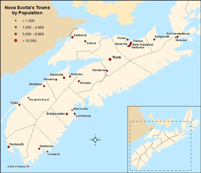 Map showing locations of Nova Scotia's towns