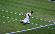 Novak Djokovic celebrates his 2011 Wimbledon semi-final win over Jo-Wilfried Tsonga. Victory meant that Djokovic successfully clinched the ATP world No. 1 Ranking for the first time in his career on 1 July 2011. He also reached his first ever Wimbledon final, which he eventually won.