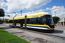 A Brookville Liberty Modern Streetcar on the Dallas Streetcar line