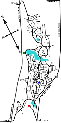 The cemetery is a slim property running northeast-southwest and bounded on the long sides by New York Route 40 and an old railroad bed. This map shows the length of the property vertically (north is to the top left). Toward the bottom is the main entrance and the Earl Crematorium. A third of the way into the propert, roughly center, is the location of the Warren Chapel. Middle left is the location of the panorama. The cemetery has about five man-made lakes and 29 miles of meandering roads creating a web of pathways on the property.