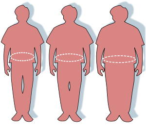 Three silhouettes depicting the outlines of an optimally sized (left), overweight (middle), and obese person (right).