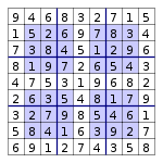 The previous puzzle, solved with numbers in the blanks spaces.