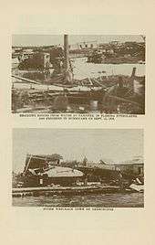 Two black and white images of Okeechobee, Florida immediately following the 1928 hurricane; both pictures show the town in ruins