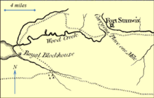 Map showing an area of 10 by 20 miles. A small portion of a lake is shown to the left; a small fortification is indicated on the shore of the lake that is labeled "Royal Blockhouse". A long, meandering creek (labeled Wood Creek) runs from the lake eastward towards the right of the map. At the right of the map there is a fortification that is labeled "Fort Stanwix". A river is shown near Fort Stanwix that does not connect to Wood Creek; the unnavigable region is labeled "Carrying Place one Mile".