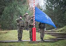 Three soldiers in camouflage stand in salute while a fourth raises a blue and white flag on a red and white striped flagpole.