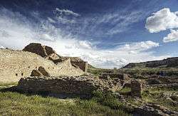 View of masonry ruins in hilly country