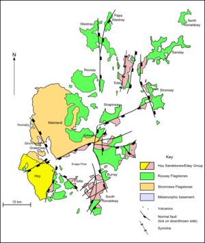 A map of the geology of Orkney. Hoy to the south-west is predominantly formed from Hoy/Eday Sandstones. The Mainland at centre is largely Stromness flagstones with Rousay flagstones to the east. The North and South Isles are a mixture of Eday and Rousay sandstones.