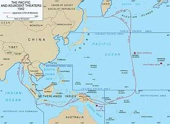 A map showing China, Japan and Australia. The borders of SWPA are indicated.