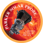 Artwork of the spacecraft next to the sun, enclosed in a circle with a yellow border. The words "Parker Solar Probe" are placed around the interior of the border, while the words "a mission to touch the sun" are written inline in a smaller font in the bottom right of the image.