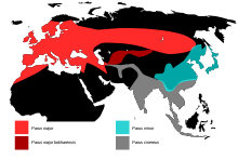 Map of Eurasia and North Africa with ranges depicted in four colours