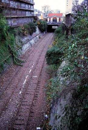 Below-grade railroad track, with small building above it in background