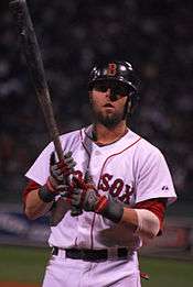 A man in a white baseball uniform with "RED SOX" across the chest and a dark helmet holds a baseball bat.