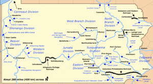 A network of east–west canals and connecting railroads spanned Pennsylvania from Philadelphia to Pittsburgh. North–south canals connecting with this east–west canal ran between West Virginia and Lake Erie on the west, Maryland and New York in the center, and along the border with Delaware and New Jersey on the east. Many shorter canals connected cities such as York, Port Carbon, and Franklin to the larger network.